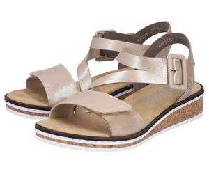 Riemchensandale RIEKER, Damen, Gr. 37, Synthetik, beige (goldfarben), Lederimitat, metallic, Schuhe Riemchensandale, Sommerschuh, Sandalette, Keilabsatz, mit asymmetrischem Riemchen, Topseller (679940