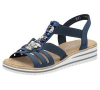 Riemchensandale RIEKER, Damen, Gr. 38, blau (jeansblau), Lederimitat, Schuhe Riemchensandale, Sommerschuh, Sandalette, Keilabsatz, mit sommerlicher Verzierung, Topseller (61352427-38)