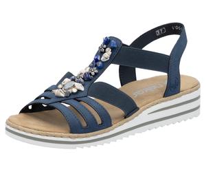 Riemchensandale RIEKER, Damen, Gr. 41, blau (jeansblau), Lederimitat, Schuhe Riemchensandale, Sommerschuh, Sandalette, Keilabsatz, mit sommerlicher Verzierung (61352427-41) jeansblau