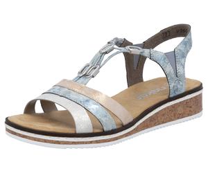 Riemchensandale RIEKER, Damen, Gr. 41, bunt (hellblau, rosé, silberfarben), Lederimitat, metallic, Schuhe Riemchensandale, Sommerschuh, Sandalette, Keilabsatz, mit dezenter Schmuckverzierung, Topselle