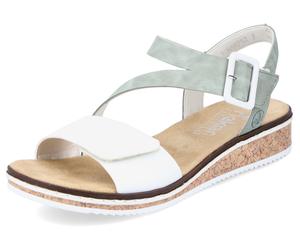 Riemchensandale RIEKER, Damen, Gr. 41, Synthetik, grün (mint, weiß), Lederimitat, Schuhe Riemchensandale, Sommerschuh, Sandalette, Keilabsatz, mit asymmetrischem Riemchen (63720135-41) mint, weiß