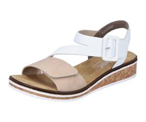 Riemchensandale RIEKER, Damen, Gr. 42, beige (beige, weiß), Lederimitat, Schuhe Riemchensandale, Sommerschuh, Sandalette, Keilabsatz, mit asymmetrischem Riemchen, Topseller (98319855-42)