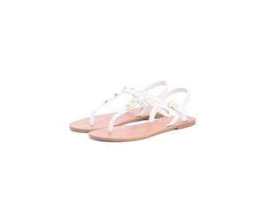 Riemchensandale TOMMY HILFIGER "LEATHER THONG SANDAL", Damen, Gr. 39, ecru, Leder, unifarben, Basic, Schuhe Riemchensandale, Sommerschuh, Sandalette mit Schmucklogo (84668424-39) ecru