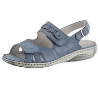 Riemchensandale WALDLÄUFER "GARDA", Damen, Gr. 8,5 (42,5), blau (jeansblau), Nubukleder, unifarben, Schuhe Riemchensandale, Sommerschuh, Sandalette, Keilabsatz, mit Druckknopf, G-Weite (76559907-8,5)