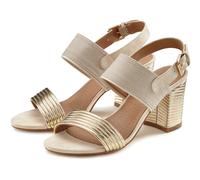 Riemchensandalette LASCANA "Sommerschuh", Damen, Gr. 36, gold (goldfarben), Obermaterial: 50% Lederimitat, 50% Textilmaterial. Decksohle: 100% Lederimitat. Futter: 100% Lederimitat. Laufsohle: 100% Sy