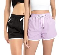 riemot 2er Pack Badeshorts Damen Schnelltrocknend Strandshorts mit Elastischem Bund, Schwimmshorts mit Mesh-Innenfutter, Sommer Shorts für Strand, Urlaub und Freizeit,Schwarz Lila,XL