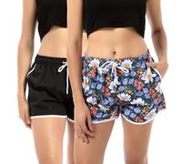 riemot 2er Pack Badeshorts Damen Schnelltrocknend Strandshorts mit Elastischem Bund, Schwimmshorts mit Mesh-Innenfutter, Sommer Shorts für Strand, Urlaub und Freizeit,Schwarz Blumenmuster,S