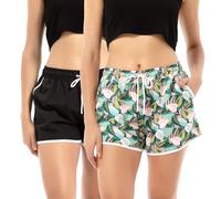 riemot 2er Pack Badeshorts Damen Schnelltrocknend Strandshorts mit Elastischem Bund, Schwimmshorts mit Mesh-Innenfutter, Sommer Shorts für Strand, Urlaub und Freizeit,Schwarz Blattmuster,XXL