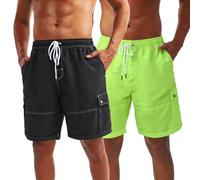 riemot 2er Pack Badeshorts Herren Schnelltrocknend Badehose mit Elastischem Bund und Mesh-Innenfutter,Schwimmshorts, Sommer Shorts für Strand und Urlaub,Schwarz Neon Grün,3XL