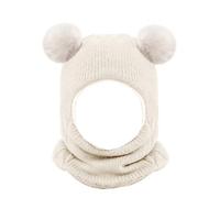 Riisoyu Kleinkind Baby SchalMütze warm Niedlich, Babymütze Strickmütze mit Bommel Samtfutter Kinder 2 in 1 Wintermütze mit Samtfutter Earflap Mütze für Baby 2-7 Jahre, Weiß