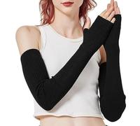 Riisoyu Lange Fingerlose Handschuhe, Stricken Weiche Dehnbare Fingerlose Handschuhe Armstulpen Ellenbogenlange Handwärmer mit Daumenloch für Frauen und Männer, Schwarz