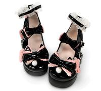 RILGOU Kawaii Gothic Lolita Vintage Mary Jane Schuhe Plateau Chunky Heel Herz Schnalle Riemen Knöchel Rosa Schleifen Spitze Kleid Schuhe, Schwarz, 37.5 EU
