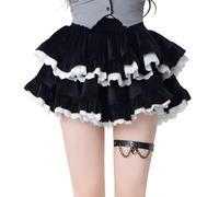RILGOU Kawaii Lolita Harajuku Gothic-Kleidung, lässiger Stil, elastische Taille, Spitzenbesatz, Samt, gestuft, geschwollener kurzer Rock, Schwarz, Groß