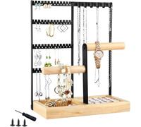 Rilime Schmuckständer, Schmuckhalter für Ohrring Ohrstecker Ketten Schmuck Organizer Jewelry Ständer mit 6 Haken, 48 Löcher Ohrringhalter Schmuckaufbewahrung für Halsketten Armbänder Ringe -Schwarz