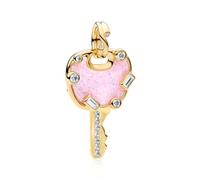 Rimgoris 925 Sterling Silber Goldfarbener Schlüssel Charm Anhänger mit Rosa Opal-ähnlichem Kristall & Zirkonia - Kompatibel mit Europäischen Stil Armbändern, DIY Schmuck Zubehör