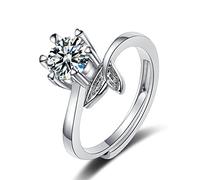 Ring, 14-karätiger Weißgoldring, Damen-Ehering, verstellbar, Blatt-Solitär, Herz, 6-Krappen-Fassung, runder Moissanit(L 1/2)