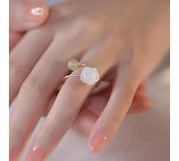 Ring mit Rose und Jade, Gold, Kamelien-Blumen-Jade-Ringe für Frauen, Teenager-Mädchen, offener Jade-Ring mit Blumenmuster, verstellbarer Goldring mit Hetian-Grün-Jade-Perlen, Stapelbarer Ring aus
