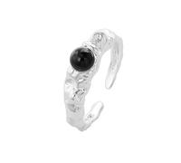 Ring mit Stein,925 Sterling Silber Öffnungsringe Cabochon Schwarzer Achat Ringe Unregelmäßig Strukturierter Silberring Solitär Hochzeit Offener Ring Schmuck Geschenke für Frau Freundin