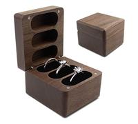 Ringbox, tragbare Schmuckschatulle, Aufbewahrungsbox aus Walnussholz for Verlobungs- und Eheringe, quadratische Box aus Massivholz zur Ringaufbewahrung, 3 Schlitze, Ringträgerbox for die Hochzeitszere