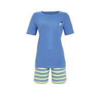Ringella Damen Kurzpyjama/Shorty, Rundhals & Kurzarm, einfarbiges Shirt mit kleinem Motivdruck, Ringel-Shorts mit Bund & Bindeband, Reine Baumwolle