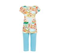 Ringella Damen Schlafanzug mit Caprihose - Stadtmotiv-Shirt, Rundhals & überschnittene Schulter, türkisfarbene Caprihose mit Dehnbund - Single Jersey, Baumwolle/Modal, farbbrillant & pflegeleicht