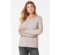 Longpullover GOLDNER "Jerseyshirt im Streifen-Look", Damen, Gr. 38, beige (taupe, cremeweiß, geringelt), Obermaterial: 92% Viskose CV. 8% Elasthan EL., U-Boot-Ausschnitt, Sonstiges, Pullover Longpullo