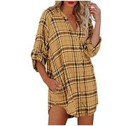 Rioge Damen Blusenkleid Kariert Langarm Tshirt Kleid mit Knöpfe Lose Lässig Hemdkleid Minikleid Damen Kurz Sexy V-Ausschnitt Kleid Freizeitkleid