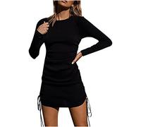 Rioge Damen Bodycon Kleid mit Kordelzug Casual Rundhals Langarm Party Kleid Frauen Herbst Winter Slim Fit Minikleid Damen Sexy Enges Kleid Damen Kurz
