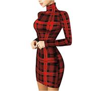 Rioge Damen Bodyconkleid Kariert Langarm Sexy Enges Kleid Damen Kurz Partykleid Rollkragenkleid Damen Sexy Slim Fit Party Kleider Damen Elegant