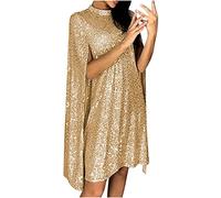 Rioge Damen Glitzer Kleid Festlich Hochzeit Kleider Elegant Abendkleid Langarm Schal Cocktailkleid Sexy Partykleid Minikleid Paillettenkleid für Frauen, M, 00 # Gold