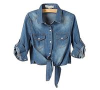 Rioge Damen Jeanshemd 3/4 Ärmel Oberteile mit Krawattenknoten Casual Kurze Jackedamen Tunika Bluse Langarmshirt Elegante Longshirt Lose Locker Bluse Tunika Tops Denim Jean Shirt Jacket