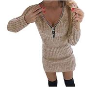 Rioge Pulloverkleid Damen V Ausschnitt ReißVerschluss Strickkleid Elegant Slim Fit Sexy Minikleid Damen Kurz Freizeit Herbst Winter Blusenkleid Langarm