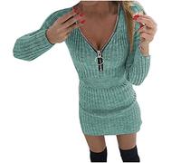 Rioge Pulloverkleid Damen V Ausschnitt ReißVerschluss Strickkleid Elegant Slim Fit Sexy Minikleid Damen Kurz Freizeit Herbst Winter Blusenkleid Langarm