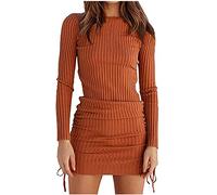 Rioge Strickkleid Damen Sexy Minikleid Damen Langarm Kleid mit Kordelzug Einfarbig Slim Enges Kleid Damen Kurz Party Kleider Damen Elegant Casual Rundhals Strickkleider Winterkleid Mini Kleid