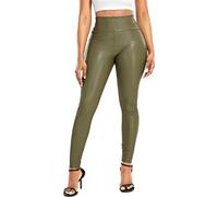 RIOJOY Damen High Waist Lederleggings Schwarz Kunstleder Leggins Sexy Lederoptik Leggings Hose, Olivgrün S