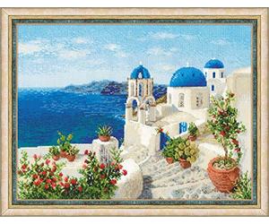 RIOLIS 1644 Santorini Zählmuster-Kreuzstich-Set 40 x 30 cm | 14 ct weiß Zweigart Aida, 32 Anchor-Baumwolle Farben, Mittelstufe, Stickvorlage & Nadel inklusive, Stick-Geschenkset