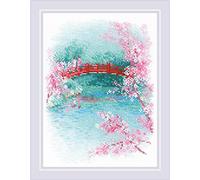 RIOLIS 1745 Sakura. Brücke Zählmuster-Kreuzstich-Set 18 x 24 cm | 14 ct weiß Zweigart Aida, 23 Anchor-Baumwolle Farben, Mittelstufe ortgeschritten, Stickvorlage & Nadel inklusive