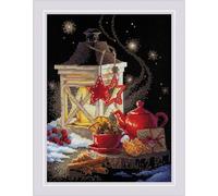 RIOLIS 1977 Winter-Teezeit Zählmuster-Kreuzstich-Set 17.8 x 24.1 cm | 14 ct schwarz Zweigart Aida, 25 Anchor-Baumwolle Farben, Mittelstufe, Stickvorlage & Nadel inklusive, Stick-Geschenkset