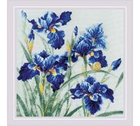 RIOLIS 2102 Blaue Schwertlilien Zählmuster-Kreuzstich-Set 29.8 x 29.8 cm | 14 ct grau Zweigart Aida, 14 Anchor-Baumwolle Farben, Mittelstufe, Stickvorlage & Nadel inklusive, Stick-Geschenkset