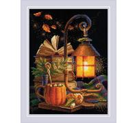 RIOLIS 2146 Gemütlicher Herbst Zählmuster-Kreuzstich-Set 17.8 x 24.1 cm | Halloween Motiv, 14 ct schwarz Zweigart Aida, 21 Wolle/Acryl Farben, Mittelstufe, Stickvorlage & Nadel inklusive