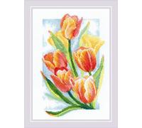 RIOLIS 2191 Frühlingsglanz. Tulpen Zählmuster-Kreuzstich-Set 21 x 29.8 cm | 14 ct weiß Zweigart Aida, 18 Anchor-Baumwolle Farben, Mittelstufe, Stickvorlage & Nadel inklusive, Stick-Geschenkset