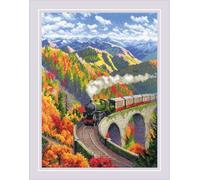 RIOLIS 2211 Herbstexpress Zählmuster-Kreuzstich-Set 29.8 x 40 cm | 14 ct weiß Zweigart Aida, 29 Wolle/Acryl Farben, Mittelstufe, Stickvorlage & Nadel inklusive, Stick-Geschenkset