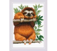 RIOLIS 2213 Faultier Zählmuster-Kreuzstich-Set 21 x 29.8 cm | Tiere Motiv, 14 ct weiß Zweigart Aida, 20 Wolle/Acryl Farben, Mittelstufe, Stickvorlage & Nadel inklusive