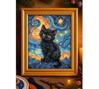 RIOLIS 2288 Sternenkatze Zählmuster-Kreuzstich-Set 15.2 x 17.8 cm | Katzen Motiv, 14 ct weiß Zweigart Aida, 14 Wolle/Acryl Farben, Anfänger bis Mittelstufe, Stickvorlage & Nadel inklusive