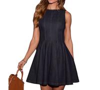 RIOQHID Dark Blue,M,Damen-Tankkleid im 90er-Jahre-Stil, ärmellos, Stretch, schmal geschnitten, Plissiertes Midi-Jeanskleid