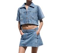 RIOQHID Light Blue,L,Baggy Vintage 2-teiliges Jeans-Set für Damen, kurzes Jeanshemd und Skort-Jeans-Outfit zum Ausgehen