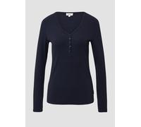 Langarmshirt S.OLIVER, Damen, Gr. 34, blau (navy), Rippware, Obermaterial: 95% Baumwolle, 5% Elasthan, unifarben, casual, figurbetont hüftbedeckend, V-Ausschnitt, Langarm, Shirts, mit kurzer Knopfleis