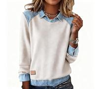 Rippshirt Damen Langarm Oberteil Frauen Modern Rundhals mit Jeans Kragen Patchwork Ärmel Saum 2 In 1 Look Lässig Casual Sweatshirt L Beige
