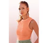 Ripptanktop LASCANA, Damen, Gr. 44/46, orange (peach), Feinripp, Obermaterial: 95% Baumwolle, 5% Elasthan, unifarben, modisch, figurbetont hüftlang, hoch geschlossener Ausschnitt, ohne Ärmel, Tops, mi
