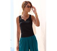 Ripptanktop LASCANA, Damen, Gr. 44/46, schwarz, Rippware, Obermaterial: 95% Viskose, 5% Elasthan, unifarben, figurbetont hüftlang, V-Ausschnitt, Tops, mit kleinem V-Ausschnitt, figurbetontes Damentop,
